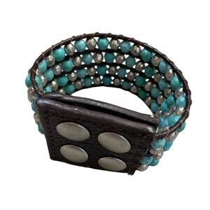 Turquoise & silver color beaded cuff bracelet